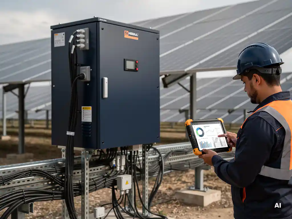 Engineer reviewing energy dispatch data on tablet beside industrial battery storage unit and utility-scale solar array at mid-morning.