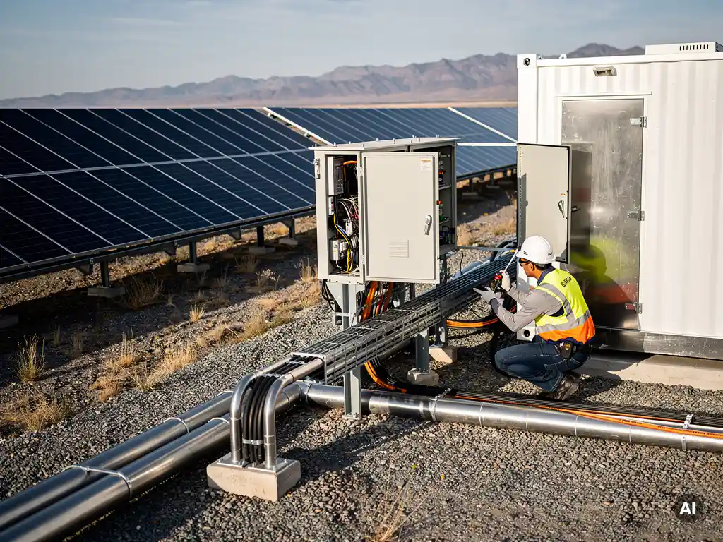 Engineer inspecting wiring at a utility-scale battery storage inverter station connected to a ground-mount solar array at mid-morning.