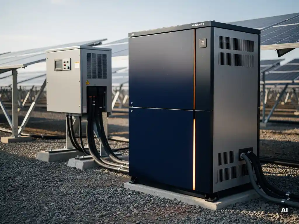Industrial battery storage unit connected to a utility-scale solar inverter, with ground-mount solar array rows visible in the background.