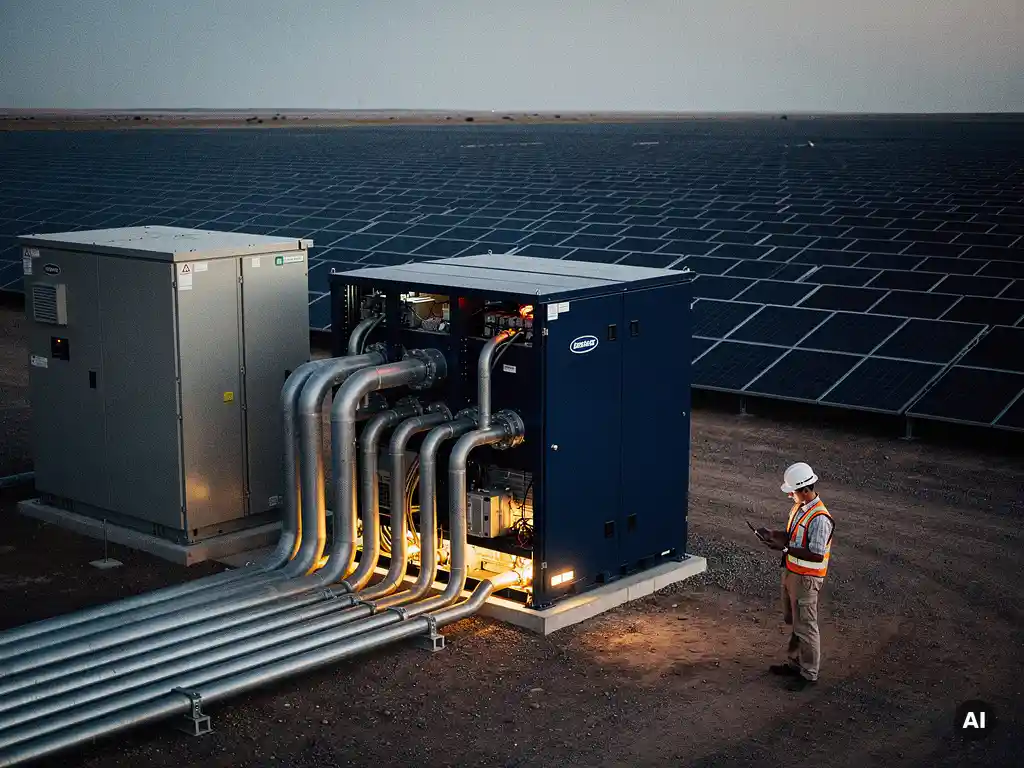 Utility-scale battery storage units beside a solar array, with an engineer reviewing a tablet and electrical conduits connecting both systems.