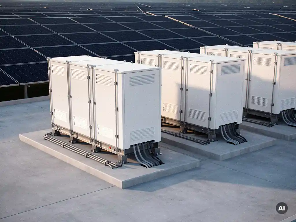 White BESS cabinets on concrete pads beside a utility-scale solar array, with panel rows receding into the background.