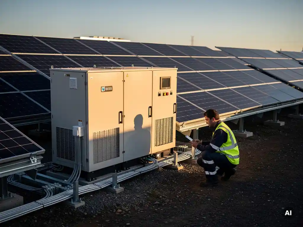 Engineer reviewing specs on tablet beside a utility-scale BESS unit, with ground-mount solar panels stretching to the horizon at sunrise.