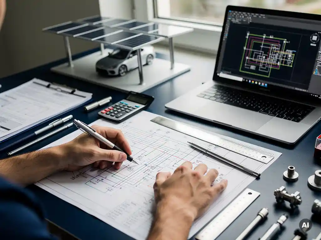 PV engineer reviewing solar carport wiring schematic at desk, AutoCAD single-line diagram open on laptop, shallow depth of field.