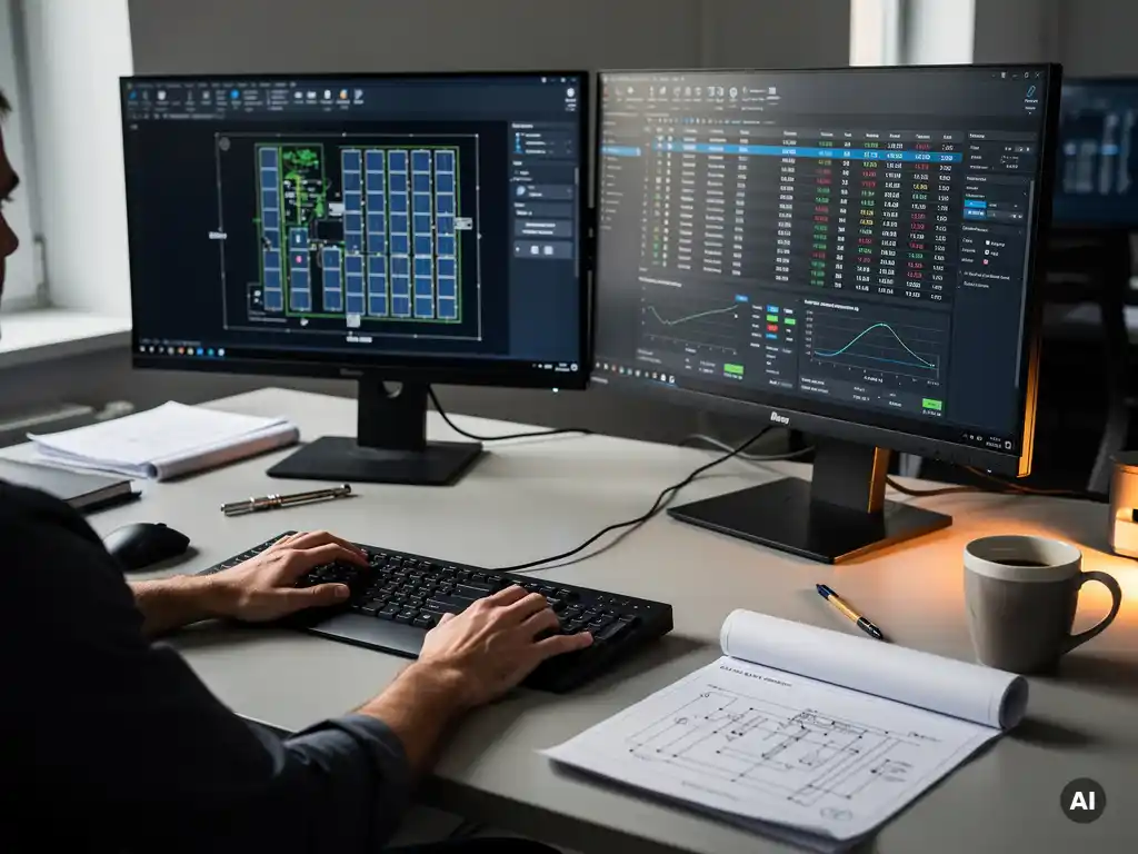 Solar engineer reviewing AutoCAD solar layout diagrams on dual monitors beside a printed BESS single-line electrical schematic on a cluttered desk.