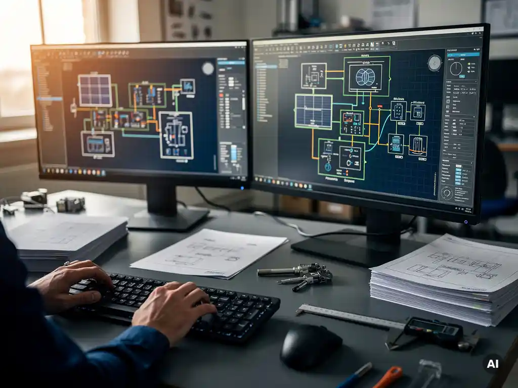 PV engineer's hands on keyboard reviewing AutoCAD solar layout and BESS schematics on dual monitors, technical documents on desk.
