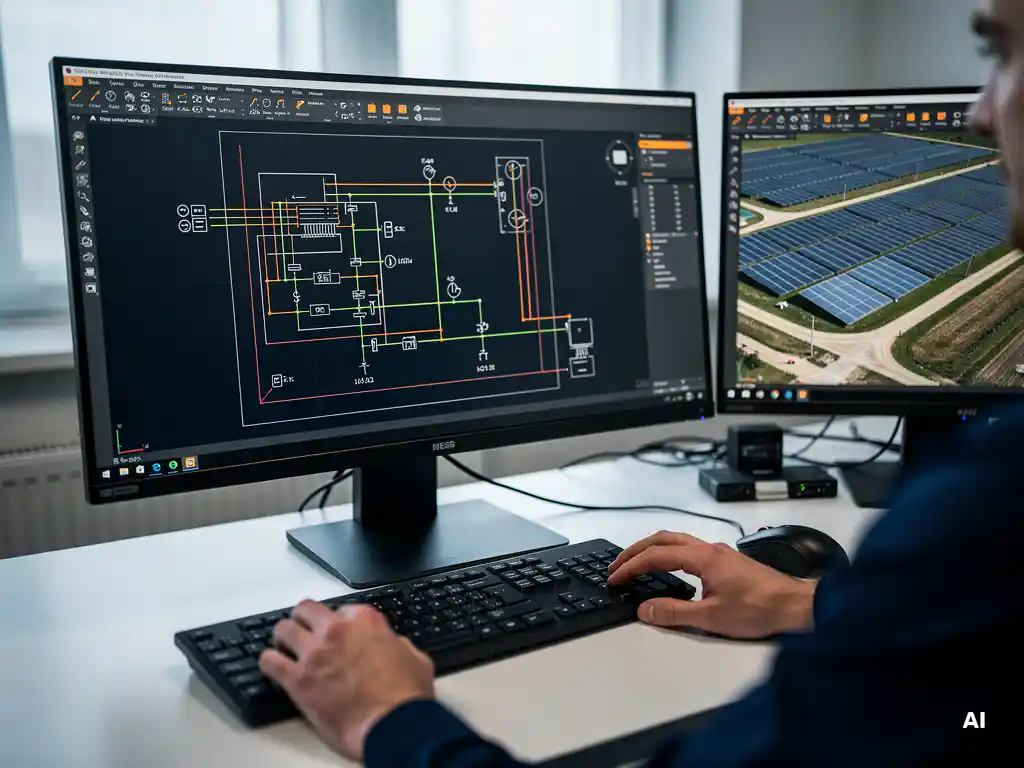 PV engineer's hands at keyboard reviewing a single-line electrical diagram in AutoCAD, with a utility-scale solar layout on a second monitor.