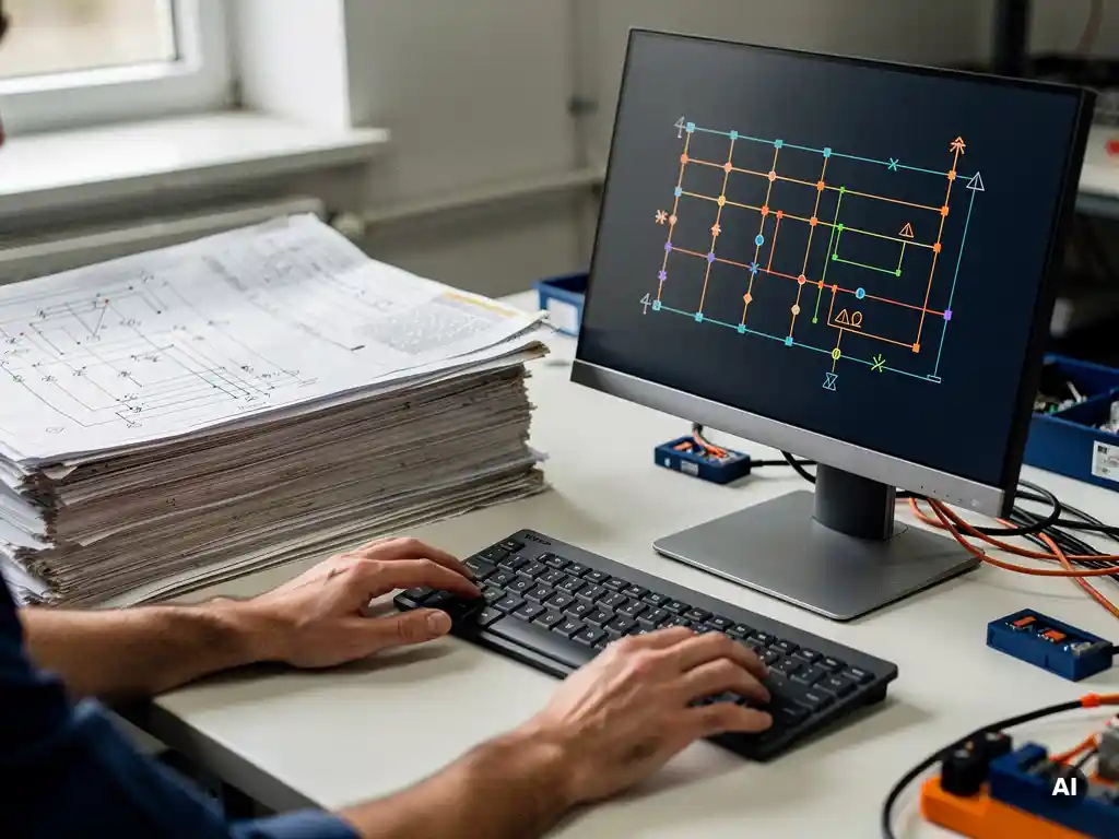 Solar engineer's hands at desk contrasting hand-drafted wiring schematics with AutoCAD stringing diagram on monitor.