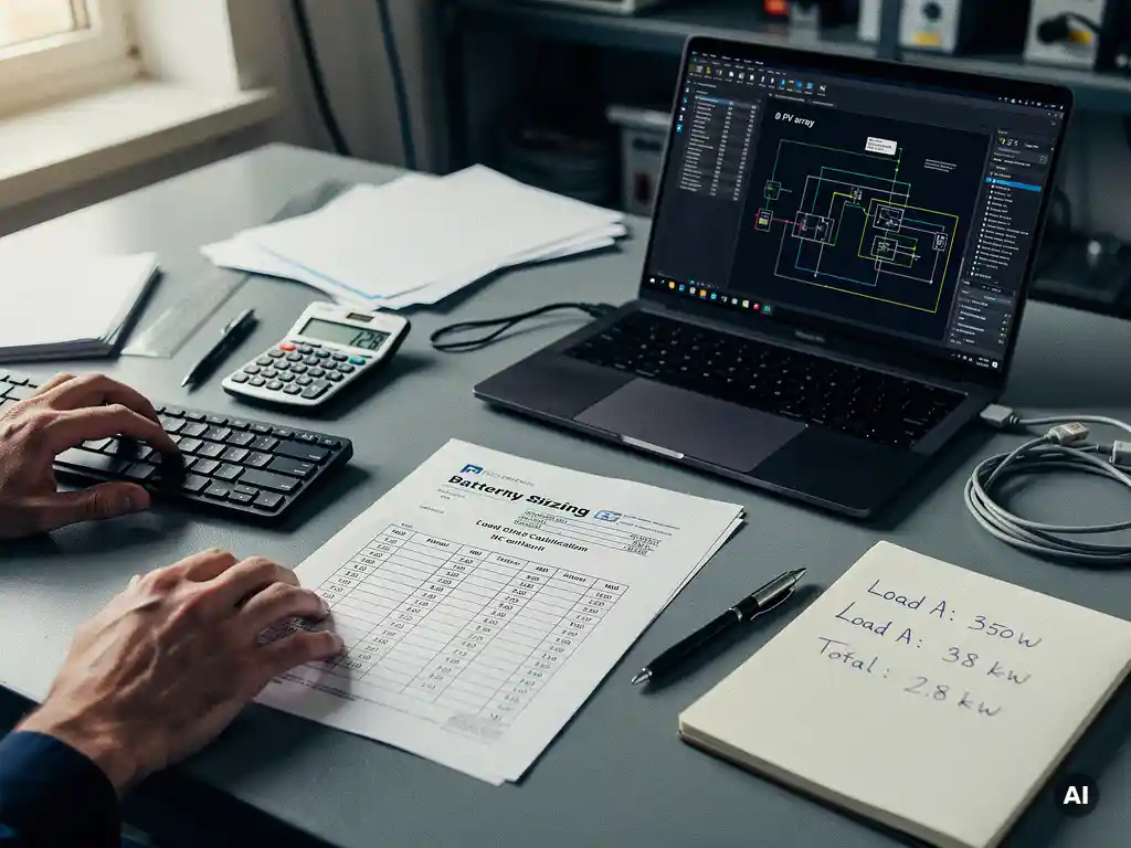 Solar engineer reviewing battery sizing calculations beside a laptop showing AutoCAD electrical schematics and handwritten load notes.