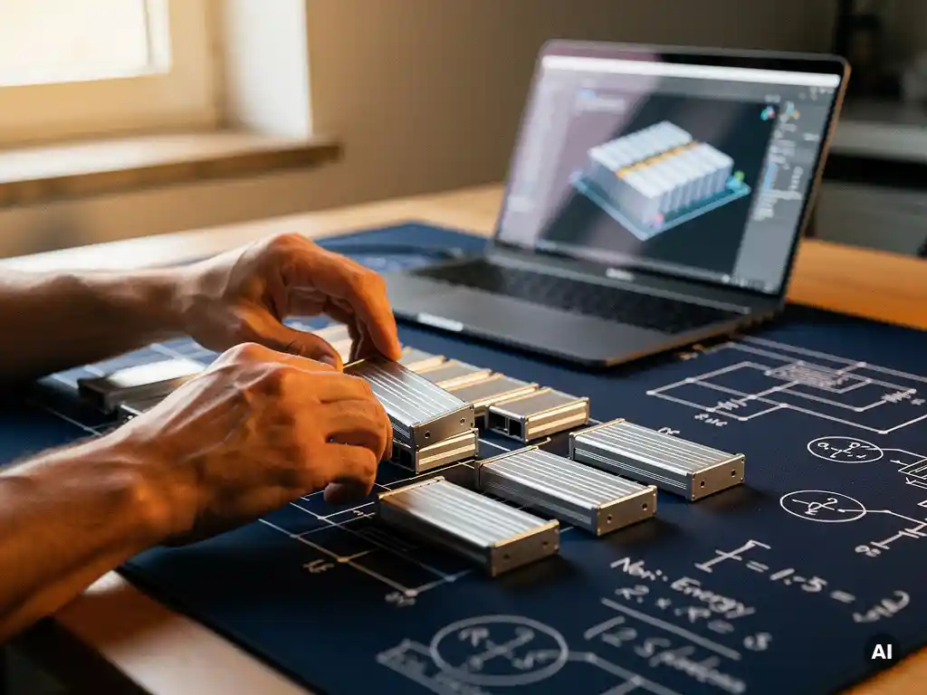 Solar engineer arranging battery module mockups on single-line diagrams with a CAD battery storage layout glowing on a nearby laptop.