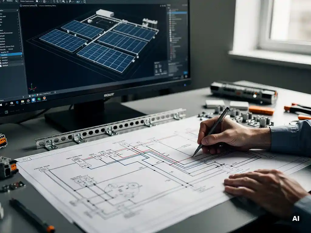 Solar engineer tracing cable tray routes on a large-format wiring diagram, with AutoCAD utility-scale solar layout visible on monitor behind.