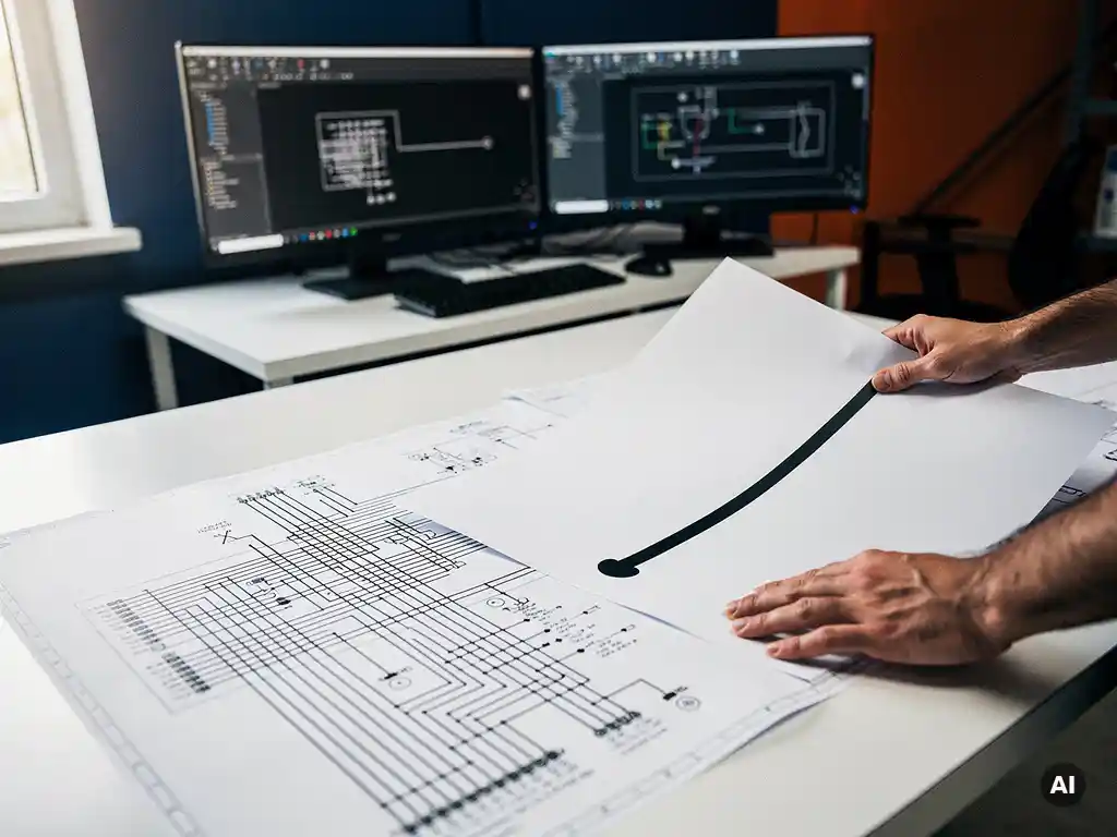 Solar engineer comparing detailed multi-conductor and single-line electrical schematic drawings on a drafting table, AutoCAD monitors in background.