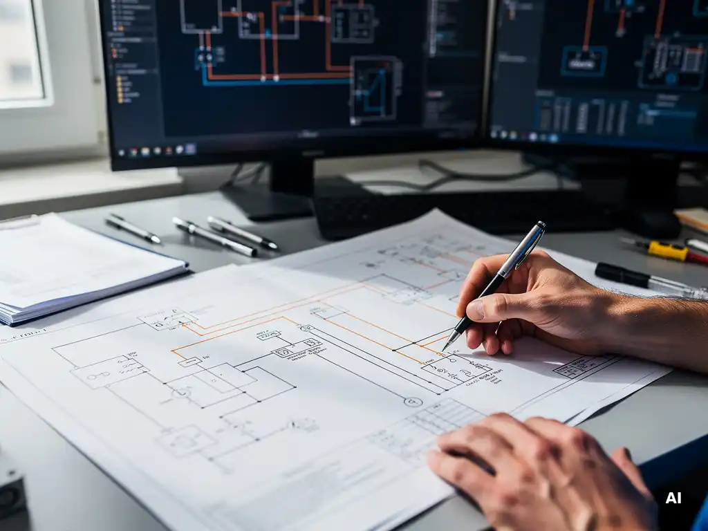 Solar engineer's hands tracing inverter connection points on a single-line electrical diagram, AutoCAD schematics visible on dual monitors in background.