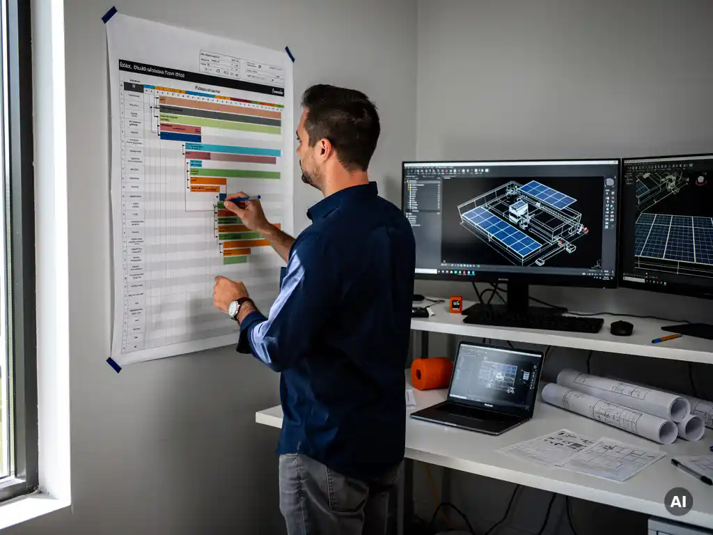Solar engineer reviewing a Gantt chart project timeline on an office wall, with AutoCAD solar layouts visible on dual monitors behind.