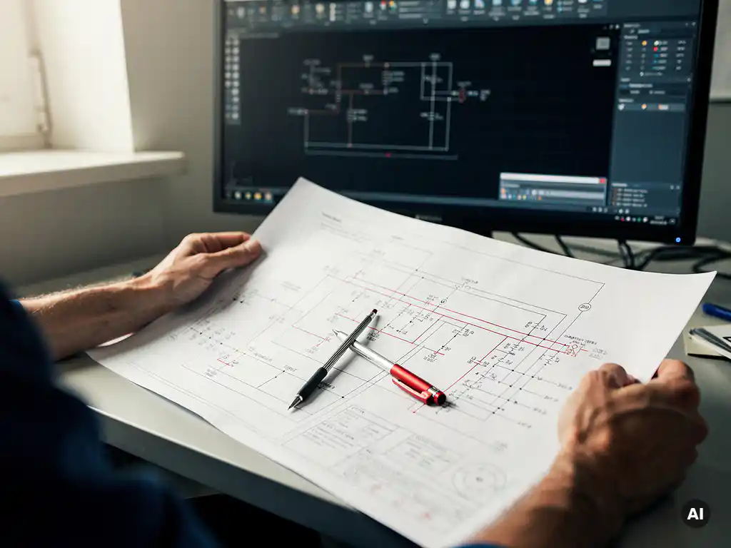 Solar engineer reviewing a large electrical single-line diagram on a desk, with AutoCAD on a monitor, mechanical pencil, and red markup pen nearby.