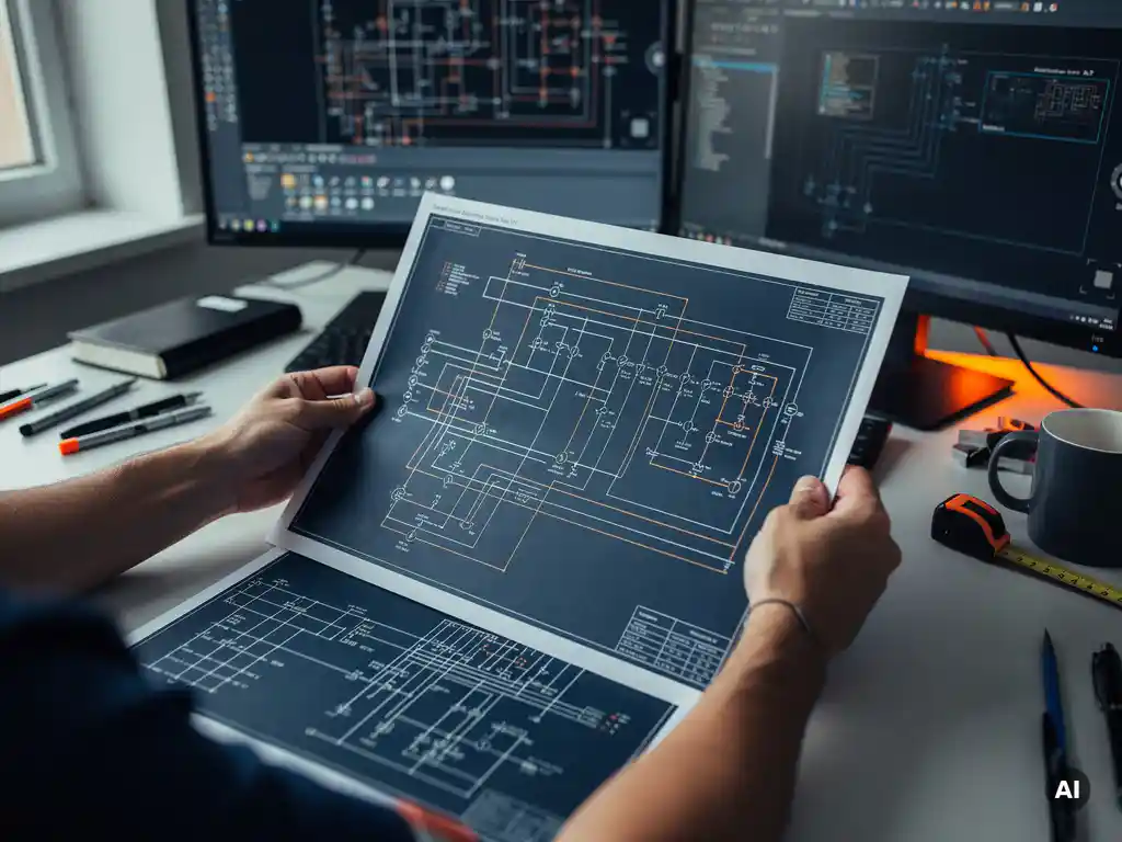 Solar engineer reviewing a printed electrical single-line diagram over a wiring schematic at a desk, with AutoCAD monitors softly visible in the background.