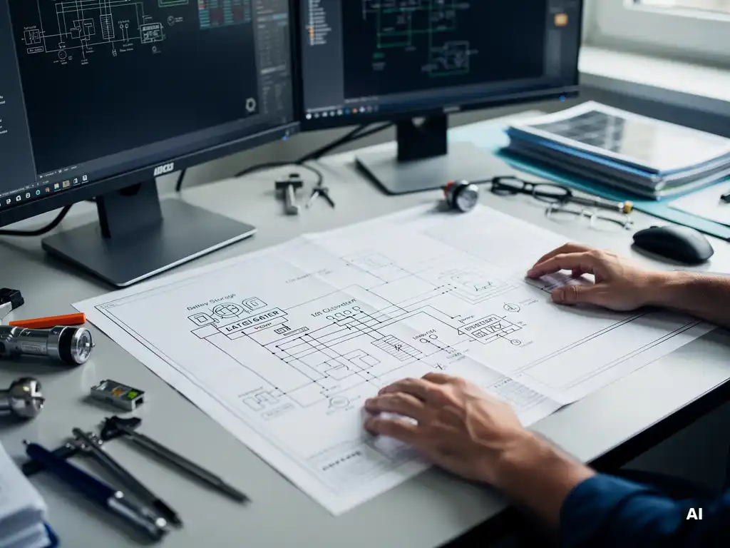 Solar engineer reviewing a single-line electrical schematic with battery storage and inverter symbols on a desk, AutoCAD monitors blurred in background.
