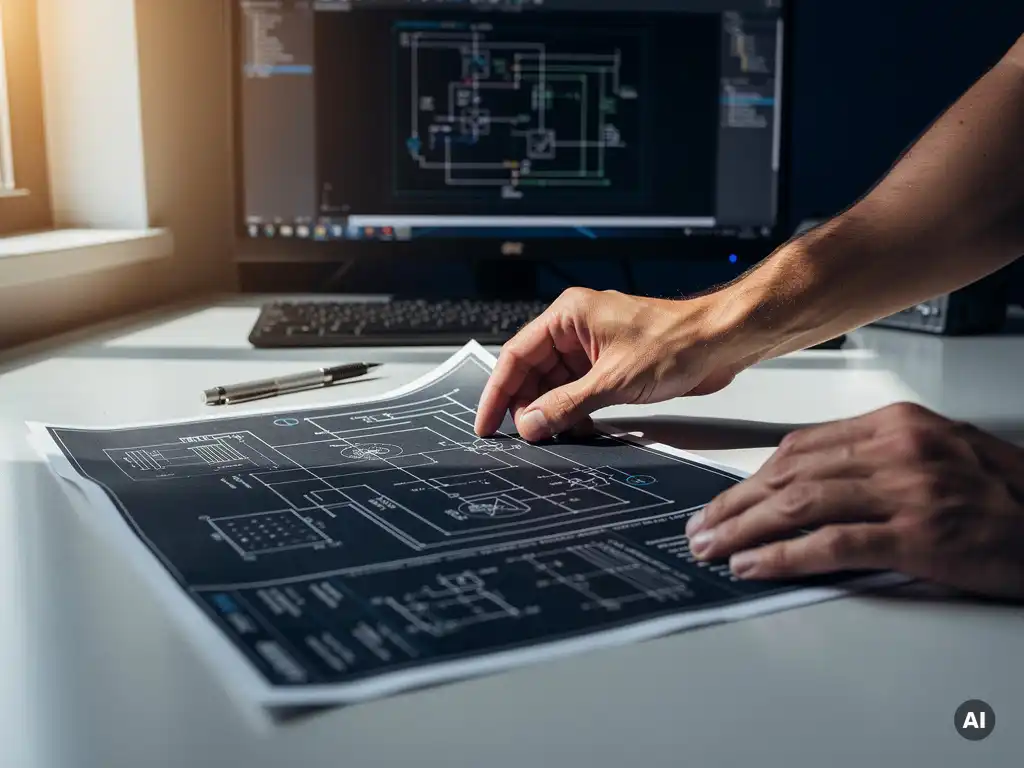 Solar engineer reviewing a single-line electrical diagram on a desk, with AutoCAD visible on a monitor and a technical pen in the foreground.