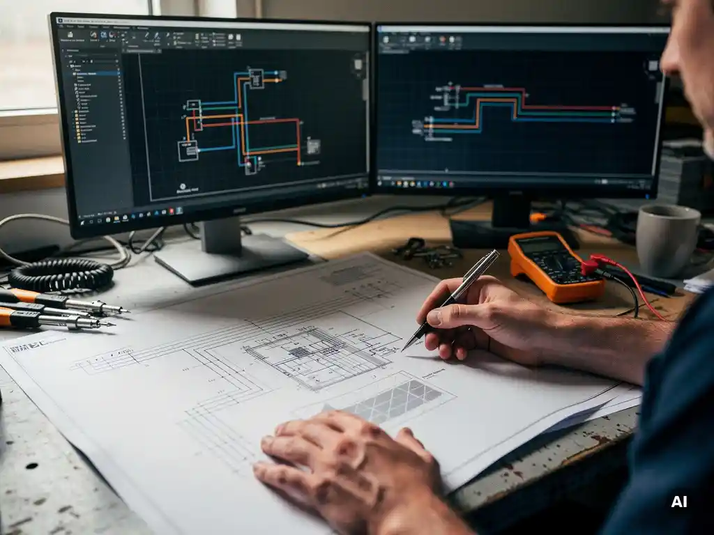 Solar engineer reviewing printed single-line electrical wiring diagram with battery storage schematic, AutoCAD stringing diagrams on dual monitors in background.