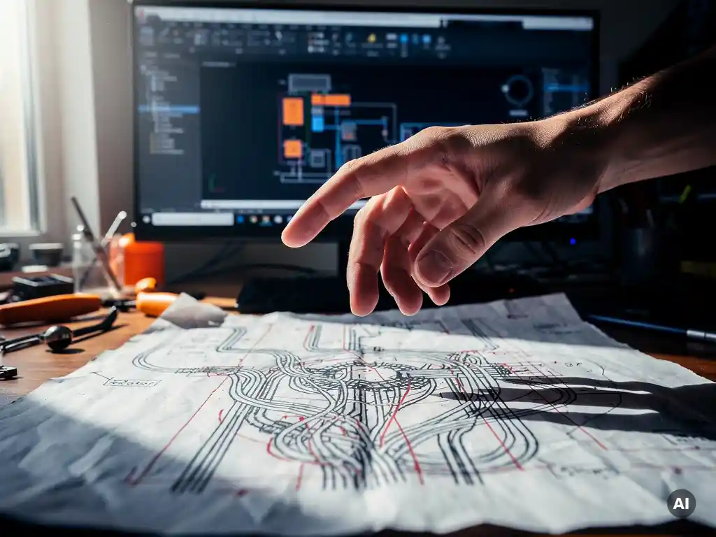 Solar engineer reviewing hand-drawn wiring diagram with red correction marks, AutoCAD session visible on monitor in background.