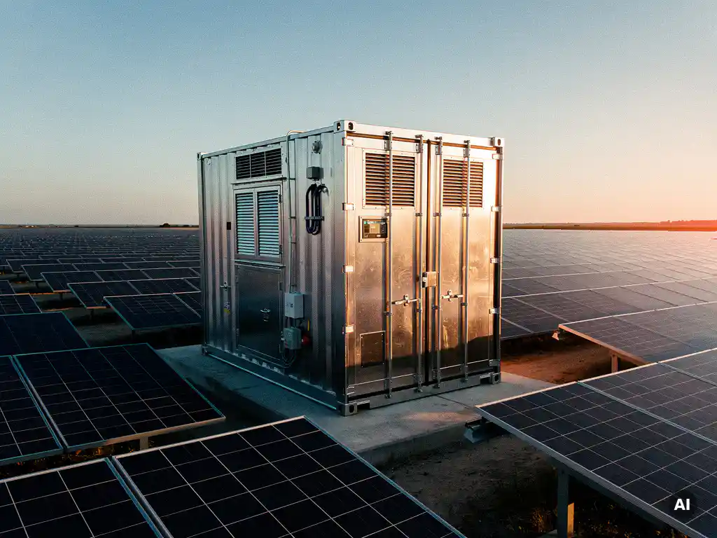 Industrial battery energy storage container at a utility-scale solar farm, with ground-mounted panels stretching to the horizon in warm afternoon light.