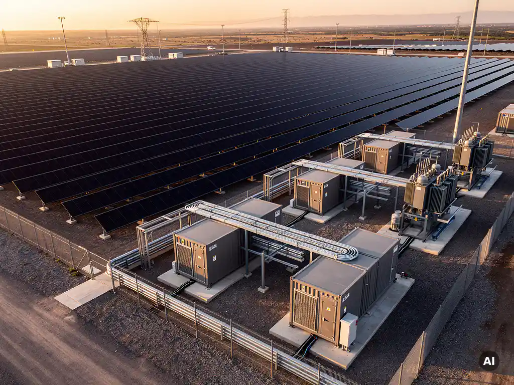Utility-scale solar farm with grey BESS enclosures and cable trays connected to inverter stations, aerial drone view at mid-morning.