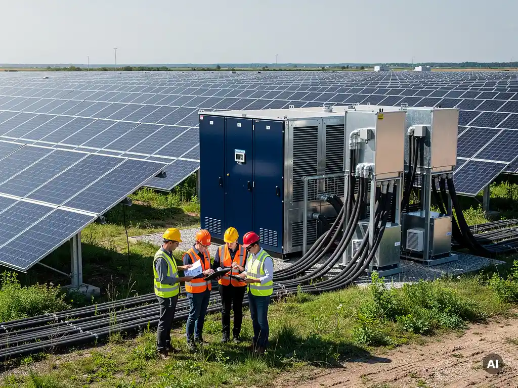 Engineers reviewing documentation beside utility-scale battery storage units and solar farm with industrial inverters connected by thick power cables.