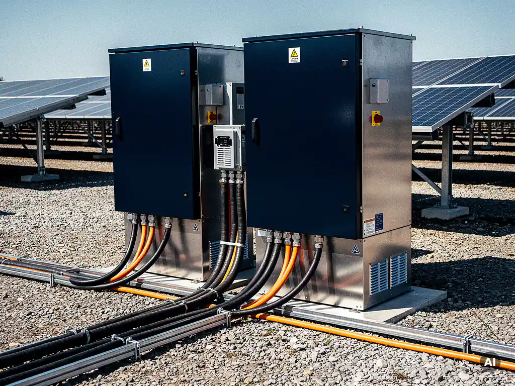 Battery storage unit and solar inverter cabinet at a ground-mount solar farm, with DC and AC cables routed between components and panel rows in background.