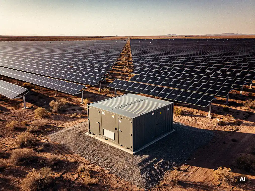 Utility-scale solar farm extending to the horizon with a battery storage container in the foreground, captured from a drone at mid-morning.