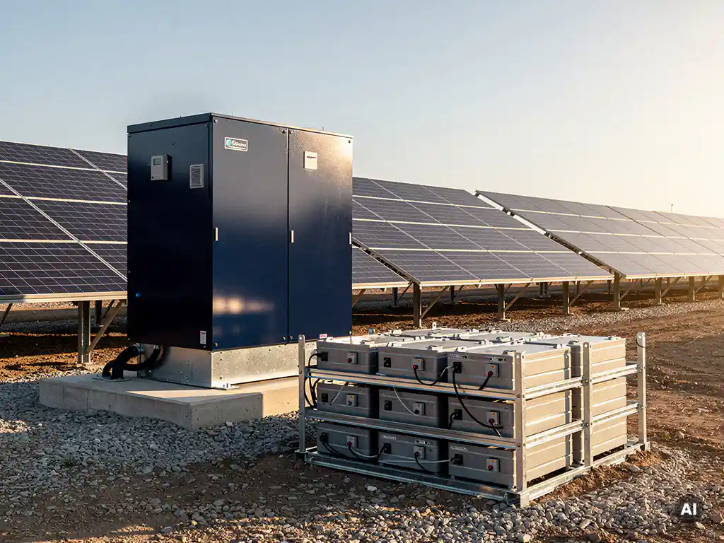 Industrial inverter unit beside ground-mount solar panels at a utility-scale site, with battery modules in the foreground under mid-morning sunlight.