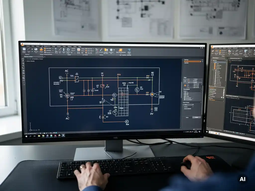 PV engineer's hands at keyboard reviewing a utility-scale solar plant single-line diagram in AutoCAD on dual monitors.