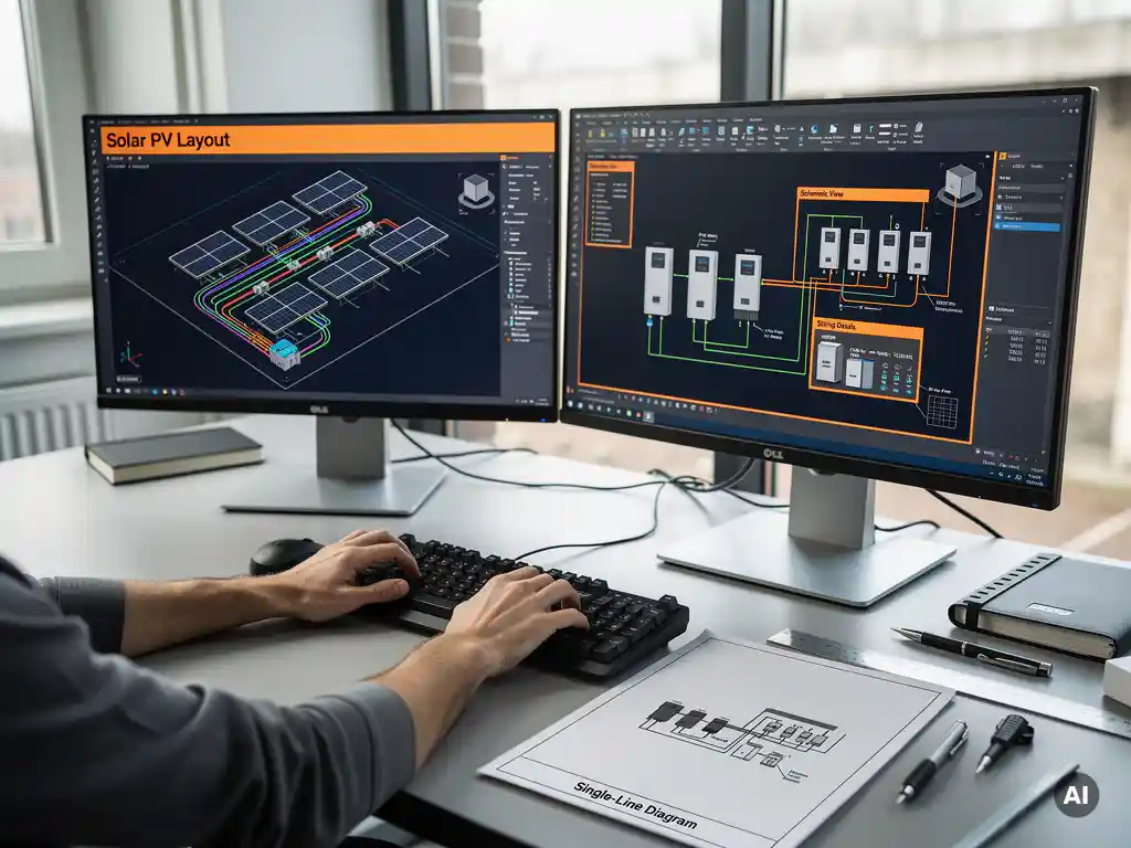 PV engineer reviewing AutoCAD solar wiring diagram and string layouts on dual monitors beside a printed single-line diagram.
