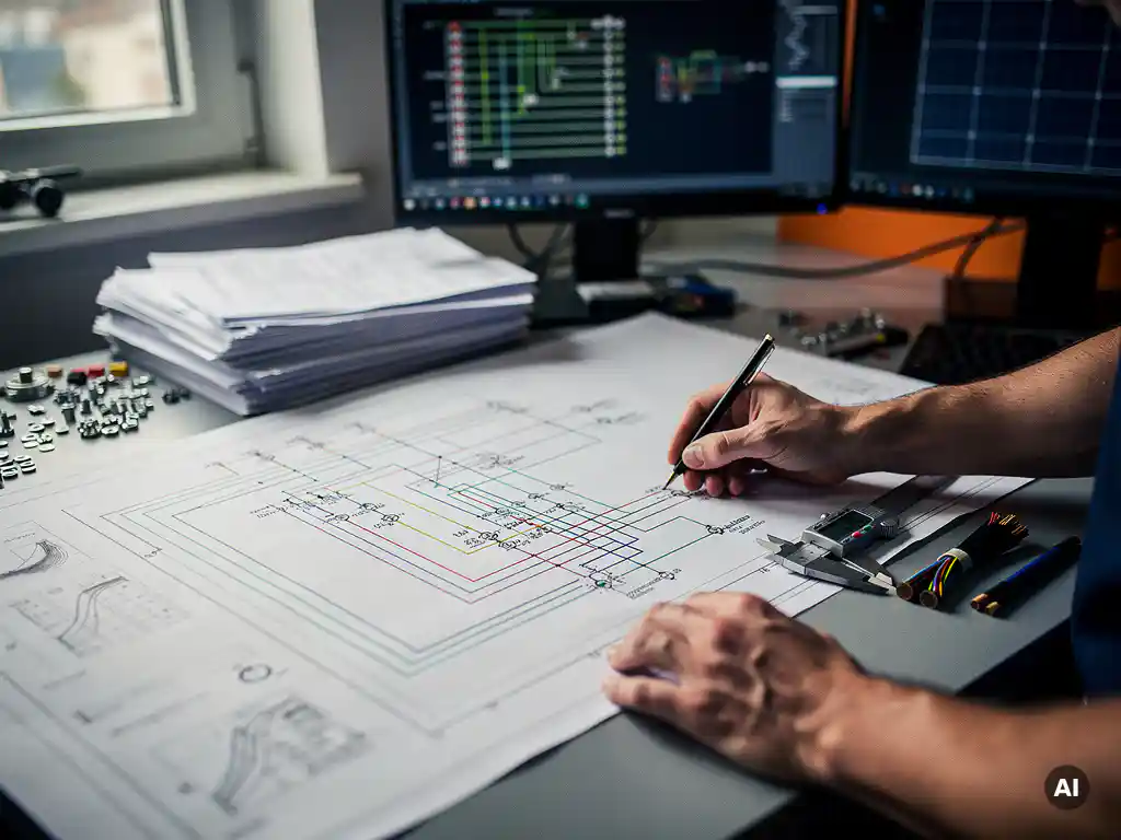 PV engineer's hands tracing cable routes on a printed solar wiring diagram, with digital caliper and cable samples nearby, AutoCAD layouts on blurred monitors behind.