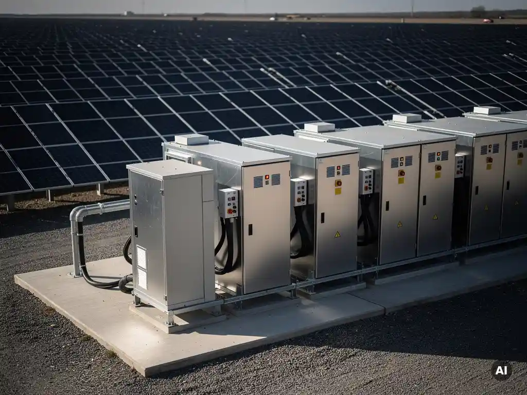Utility-scale battery storage cabinets on concrete pads beside a ground-mount solar array stretching to the horizon.