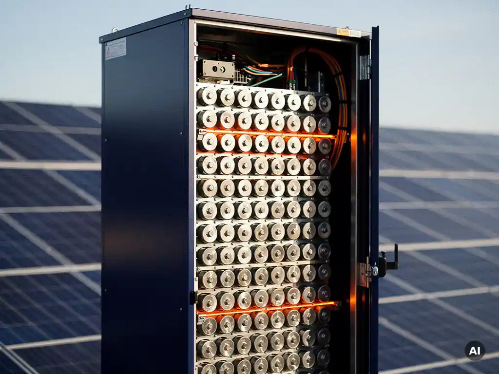 Open industrial BESS cabinet at a utility-scale solar site, showing dense rows of cylindrical battery cells with wiring and mounting hardware visible.