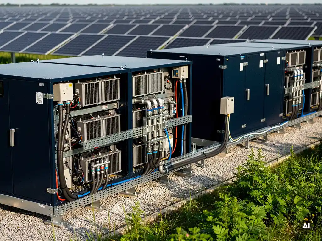 Utility-scale battery energy storage system with modular cell stacks beside a ground-mount solar farm under mid-morning daylight.