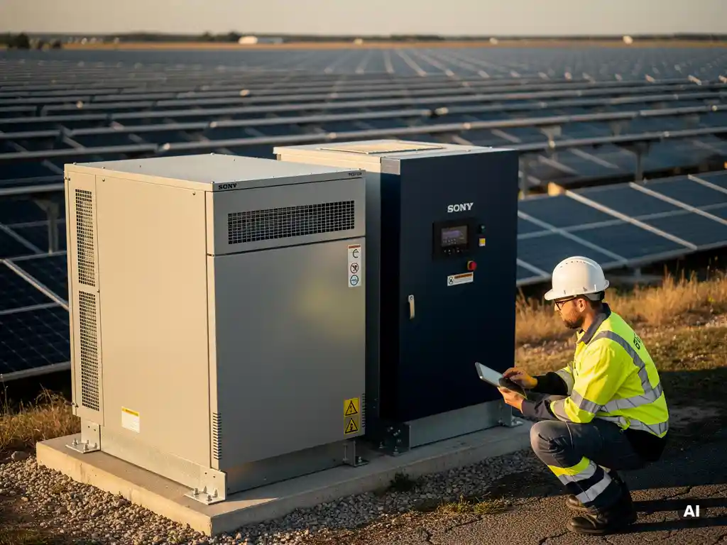 Engineer reviewing data on tablet beside utility-scale battery storage unit and solar inverter on a ground-mount solar farm at sunrise.