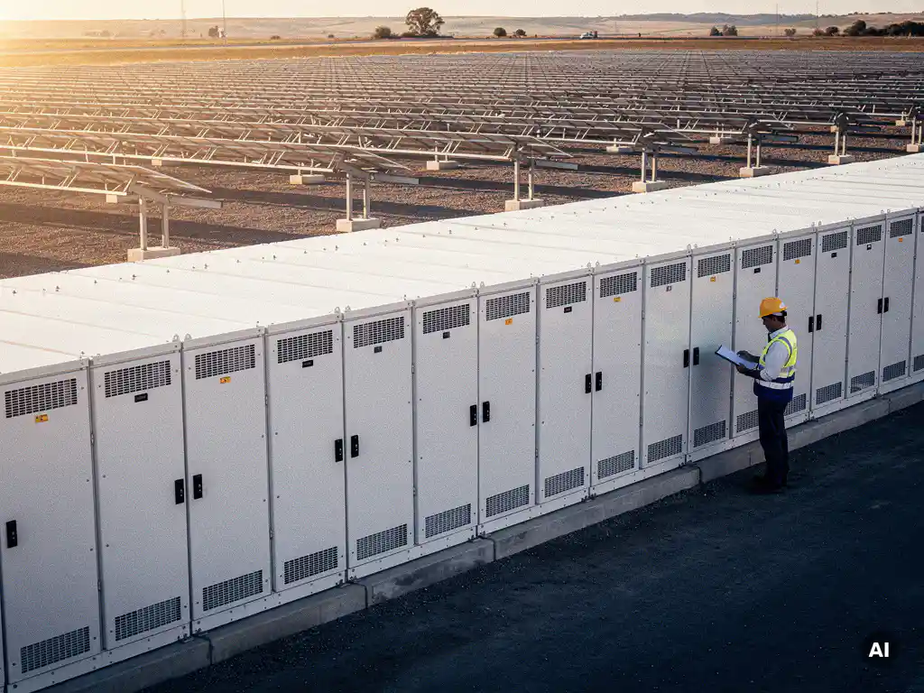 Engineer in hard hat reviewing clipboard beside rows of white BESS cabinets at a utility-scale solar battery storage facility.