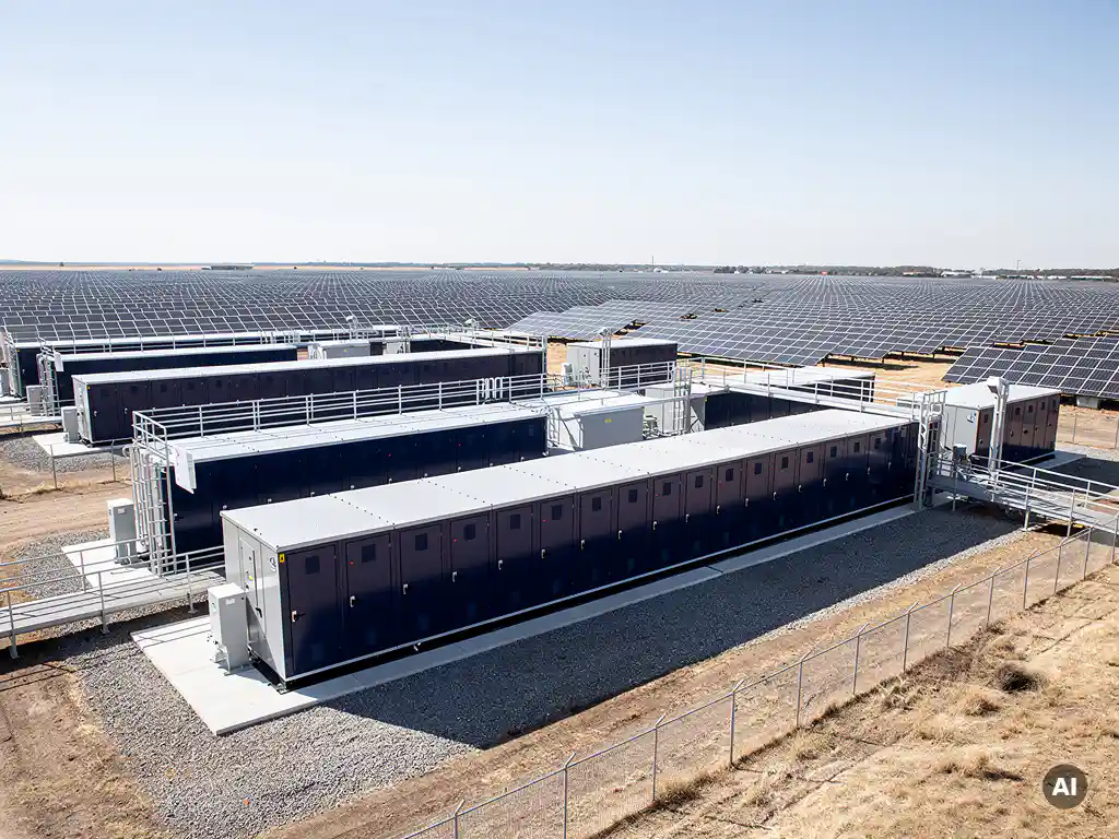 Utility-scale BESS cabinets in navy blue housings beside ground-mount solar panels stretching across dry terrain under clear midday light.